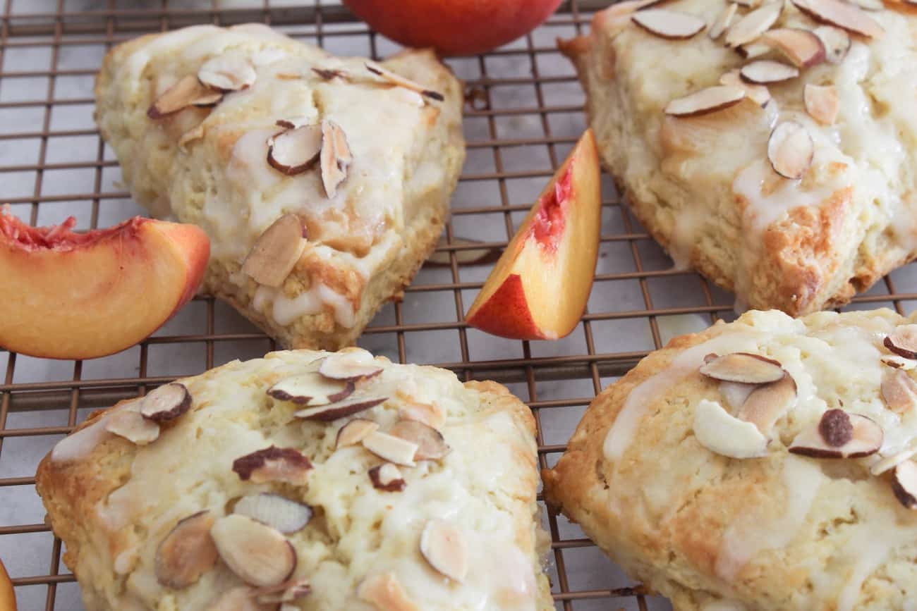glazed peach scones with toasted almonds