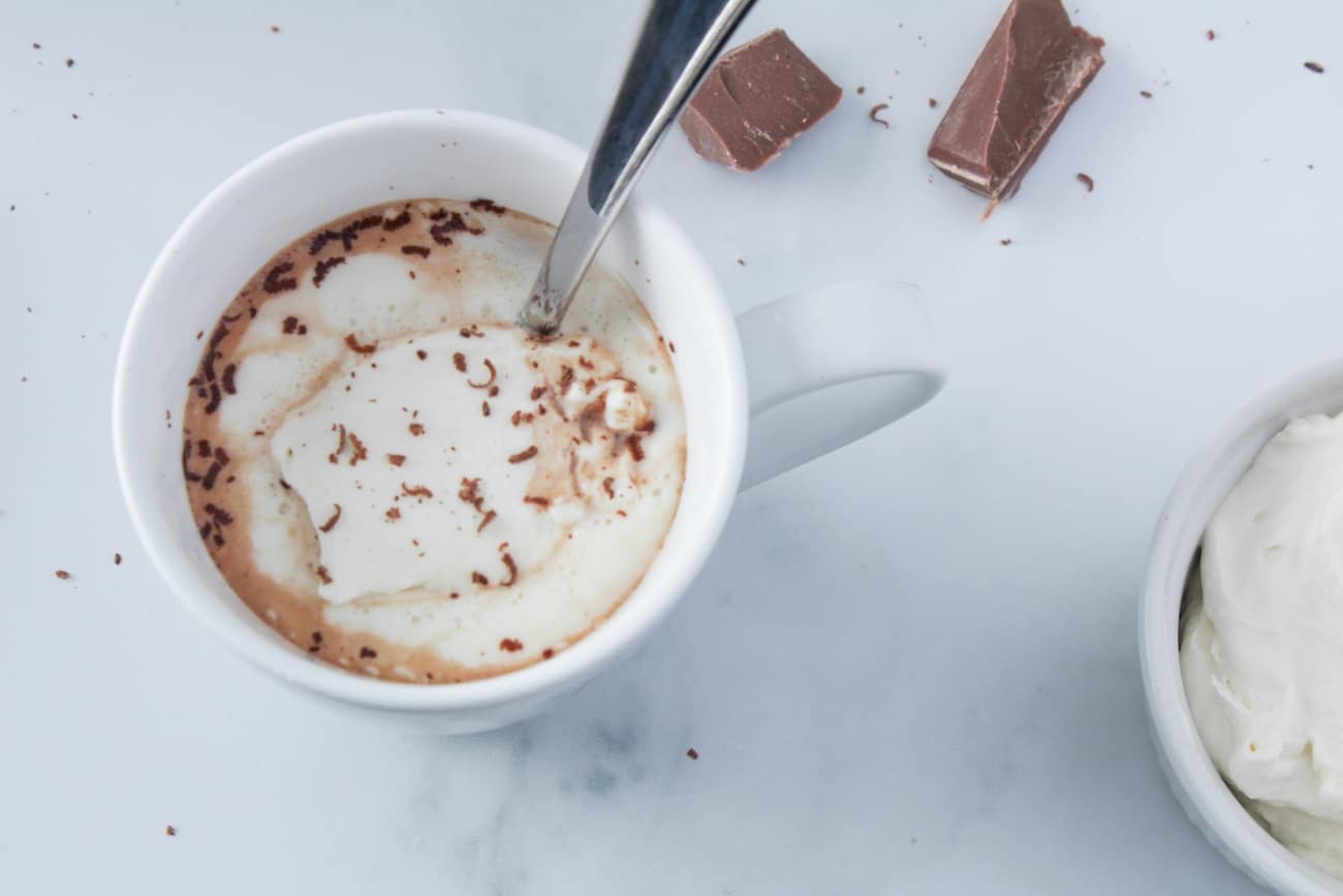 mug of hot chocolate with spoon and chocolate